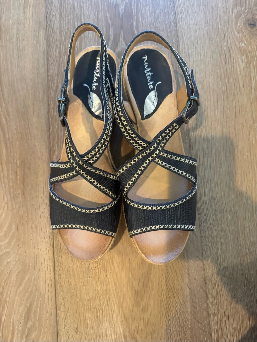 Nurture Lilithe Black Leather Cross-Stitch Wedge Sandals - Size 9